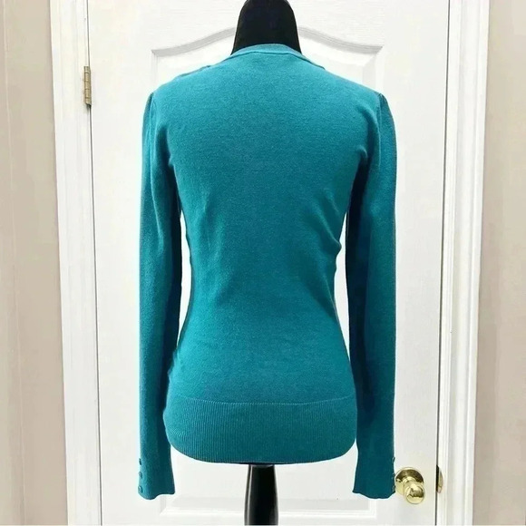 Ricki’s Cardigan V Neck Button Front Sweater Fitted Teal Green Size Small - Picture 16 of 16